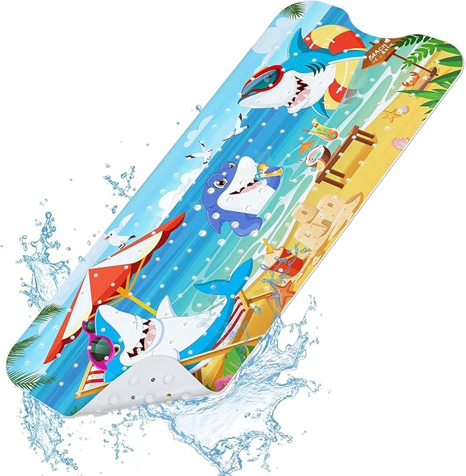 SHUCHING Baby Bath Mat for Tub Non Slip-40 X 16 Inch, Bathtub Mat Non Slip for Kids, Toddler Long Shower Mat for Bathroom, Shark