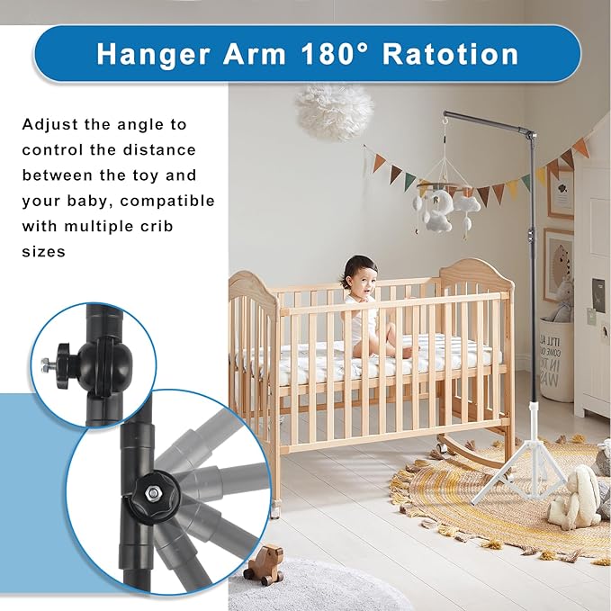 Baby Crib Mobile Arm,Mobile Hanger for Crib Adjustable Height 56-78" Top Can Rotate 180° Suitable for Baby Stainless Steel with Brushed Texture Sturdy and Stable Base