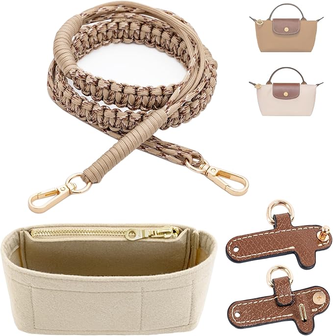 Handwoven Adjustable Shoulder Strap & Mini Bag Organizer Set for Longchamp Mini Bag, Includes Inner Liner & Strap, No-Punch Design – Tan & Beige