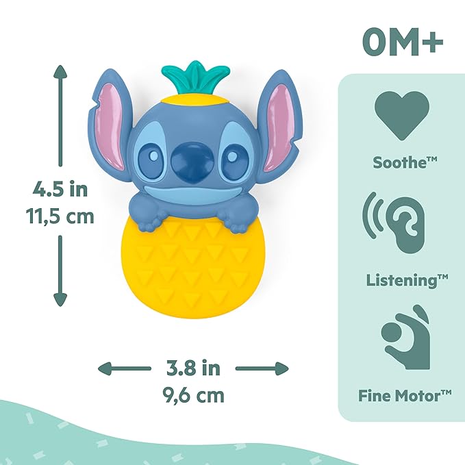 Disney Baby Stitch Tropical Teethe Rattle & Teether by Bright Starts, Pineapple Shaped Activity Teether Toy for Newborns and Up