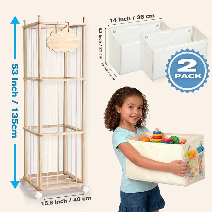 M MEEPO Stuffed Animal Storage & Organizer, with 2-Piece Large Detachable Toy Storage Bags, Wooden Tall Zoo Toys Storage with Wheels for Kids Playroom Kidroom Bedroom, Easy Assemble, 53 Inch
