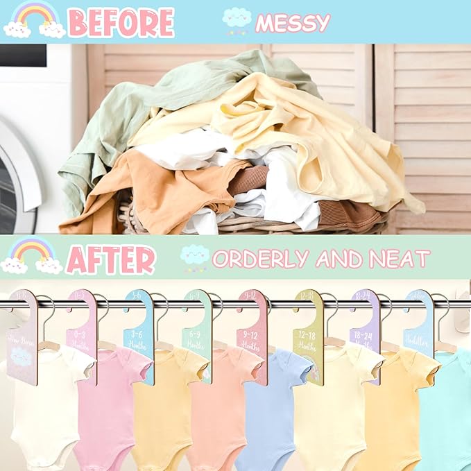 Baby Closet Dividers 8PCS, Pastel Rainbow Theme Wooden Double-Sided Clothes Size Hanger Organizer from Newborn to Toddler for Nursery Decor Baby Shower Birthday Gift