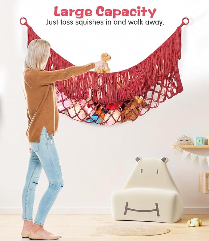 Stuffed Animal Hammock - Extra Large 63'' Long, Stuffed Animal Storage, stuffed animal Holder net, Hammock Large, Storage Hanging Organizer - Red