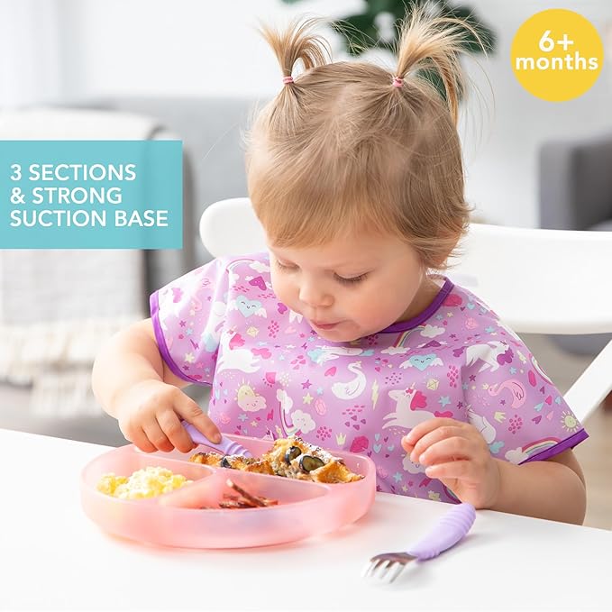 Bumkins Toddler and Baby Suction Plate, Silicone Divided Grip Dish for Babies and Kids, Baby Led Weaning, Children Feeding Supplies, Non Skid Sticky Bottom, Ages 6 Months Up, Pink Jelly