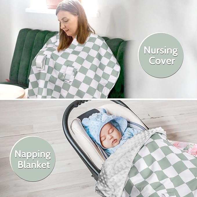 DILIMI Baby Car Seat Cover, Minky Warm Winter Car Seat Covers for Babies, Peekaboo Opening Infant Car Seat Cover, Nursing Cover Carseat Canopy, Green Checkered