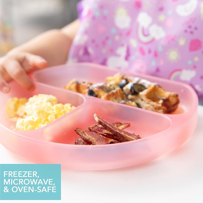 Bumkins Toddler and Baby Suction Plate, Silicone Divided Grip Dish for Babies and Kids, Baby Led Weaning, Children Feeding Supplies, Non Skid Sticky Bottom, Ages 6 Months Up, Pink Jelly