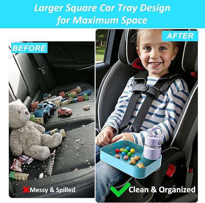 Car Seat Snack Tray for Kids, Mess-Free Square Travel Tray Cup Holder Snack Tray, Durable Car Food Tray for Toddlers, Universal Fit Kids Travel Road Trip Essentials (Sky Blue)