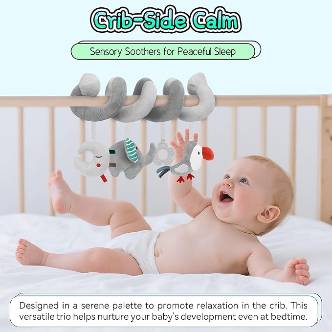 FPVERA Car Seat Toys for Babies 0-6 Months: Travel Baby Toy for Soft Hanging Toys for Carseat, Spiral Stroller Activity Toy Plush for Infant Boys Girls, Grey Elephant