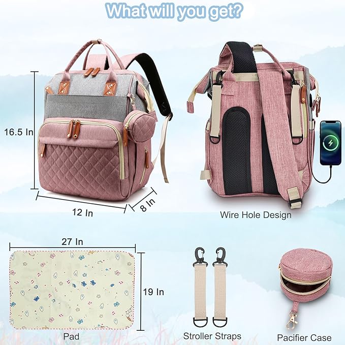 SHITIESHOU Diaper Bag Backpack Baby Bag, Baby Girl Boy Diaper Bag for Dad Mom with Pad, 16 Pockets, Pacifier Case, Large Diaper Bags Unisex for Travel(Pink Grey)
