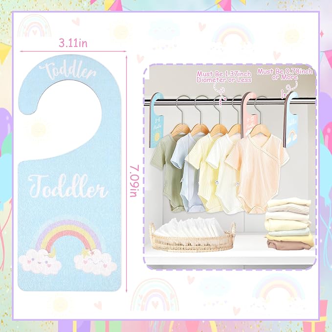 Baby Closet Dividers 8PCS, Pastel Rainbow Theme Wooden Double-Sided Clothes Size Hanger Organizer from Newborn to Toddler for Nursery Decor Baby Shower Birthday Gift
