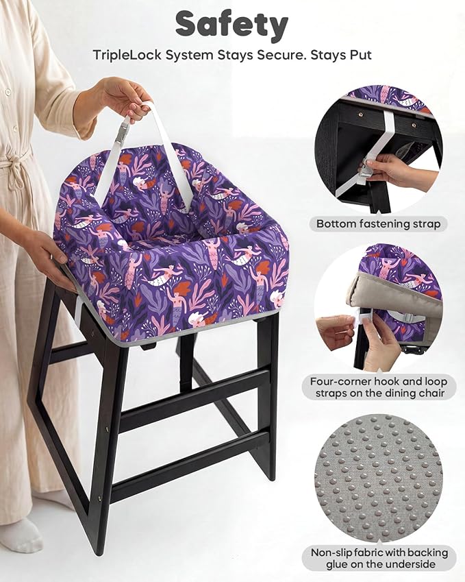 mamatepe Reusable Baby High Chair Cover with Strap Pads & 2-Point Harness, Waterproof Portable Seat Cover for Restaurant Travel Home, Purple