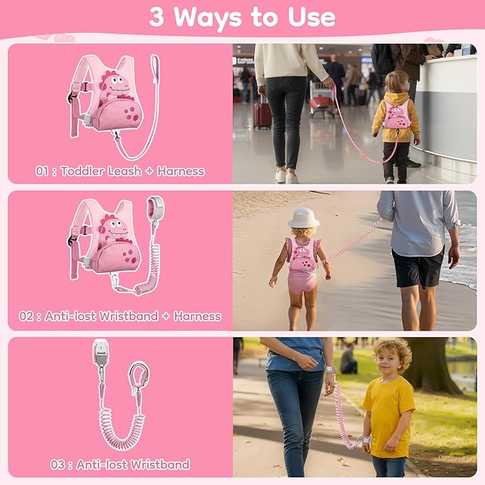 Dr.meter 3 in 1 Toddler Harness Leash + 8.2ft Anti Lost Wrist Link, Cute Dinosaur Kids Anti Lost Leash with Key Lock, Child Walking Harness for Parent Boys Girls Keep Kids Close, Travel Essensials