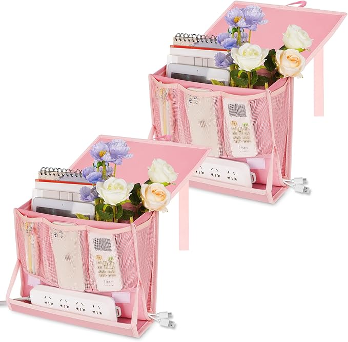 Retyion Bedside Caddy Bedside Storage Organizer Bedside Organizer with Power Strip Holder and 2 Adjustable Straps for Home Bunk Bed College Dorm Sofa (2 Pack Pink)