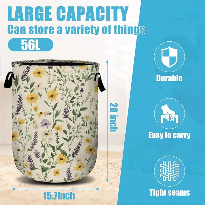 Daisy Lavender and Buttercups Laundry Basket, Laundry Hamper Collapsible Oxford Cloth with Handle Clothes Toy Storage Bin for Bathroom Laundry Room Bedroom 15.7 X 20 Inch