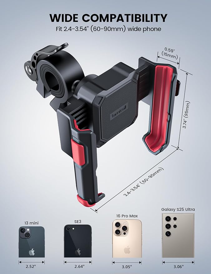 Lamicall Motorcycle Bike Phone Mount - [No Block Camera] [1s Lock] Bike Cell Phone Holder Clamp, Bicycle Scooter Handlebar Clip, for iPhone 16 15 14 Pro Max, Galaxy Ultra, 4.7-7" Phones, Red