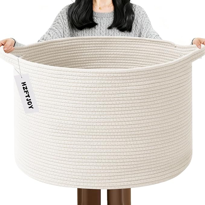 Large Storage Basket with Handle,19.7" L x 19.7" W x 13" H Blanket Basket Storage Bins for Organizing,65L Cotton Rope Woven Baskets for Living Room, Nursery,Bedroom,White