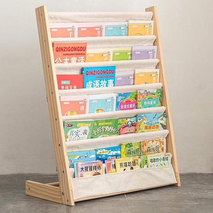 CYMFBSFBU 7 Tier Wooden Kids Bookshelf Book Holder Natural Wood Book Rack Storage Bookshelf for Kids Room Study Room Play Room Toy Storage Organizer (W: 24.6")