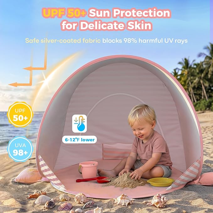 Gorich Pop Up Baby Beach Tent with UPF50+ UV Protection, Portable Toddler Sun Shelter with Mesh Ventilation, Lightweight & Foldable Play Shade Tent for Beach, Park & Backyard
