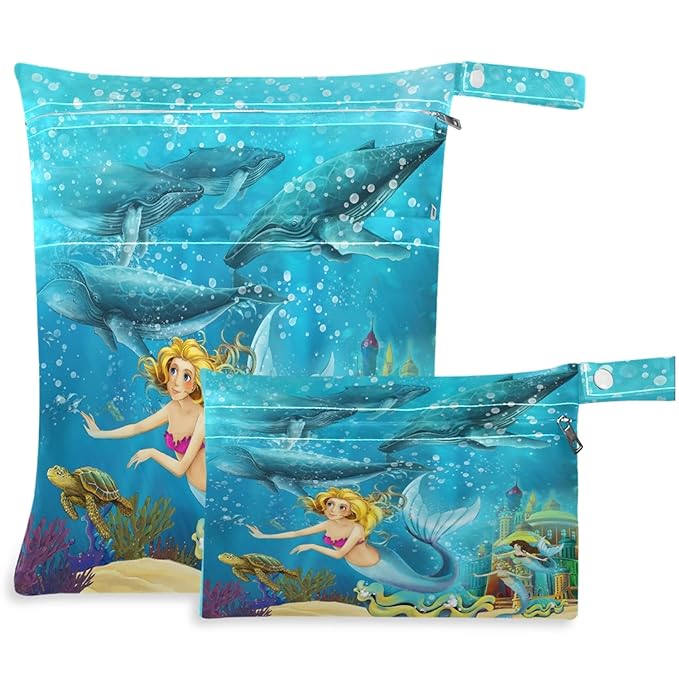 visesunny Cartoon Ocean And The Mermaid In Underwater Kingdom Swimming With Whales 2Pcs Wet Bag with Zippered Pockets Washable Reusable Roomy for Travel,Beach,Pool,Daycare,Stroller,Diapers,Dirty Gym C