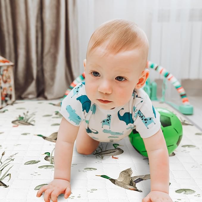 Funtery 43 x 43 Inch Mallard Duck Baby Playmat Portable Crawling Washable Foldable Tummy Time Non Slip Baby Floor Large Playpen Mat for Infants Toddlers Floor Playpen Activity