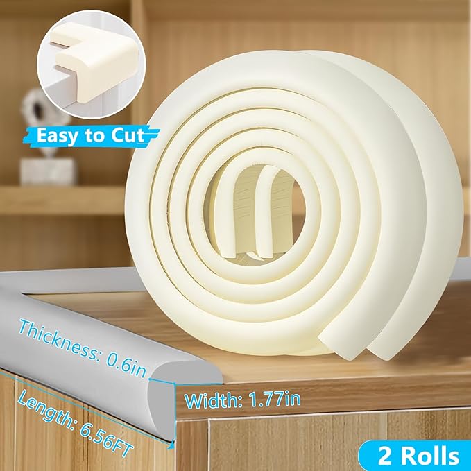 ZOMPAGO Baby Proofing Edge & Corner Protectors, 2 Roll White Foam L-Shape Self-Adhesive Bumper Strip, Soft Shock-Absorbent Wall & Furniture Safety Bumpers for Nursery, Kitchen, Fireplace, Table, Desk