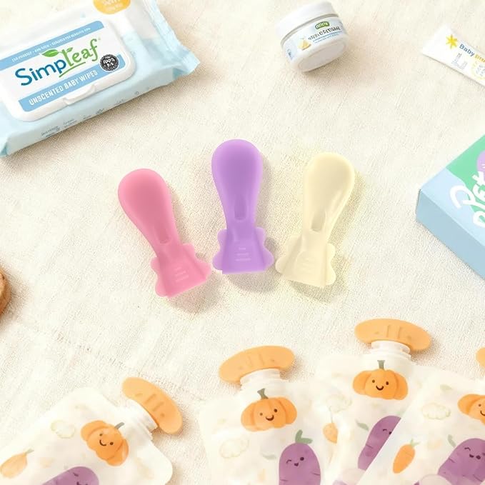 Baby Food Pouch Spoon Attachment (5-Pack, Blossom) – Designed for Small Mouths & Stage 1 Weaning – Ultra-Soft Silicone Feeder for Sensitive Gums – Universal Fit Pouch Topper with Travel Cases