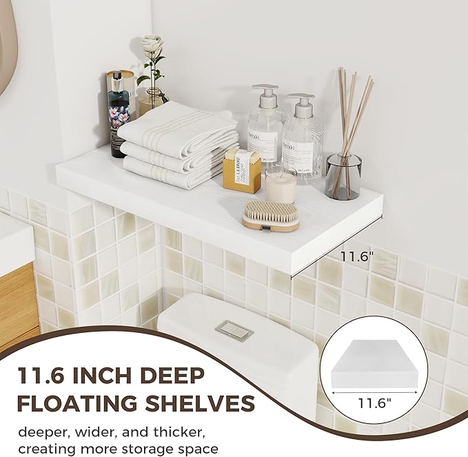 Fun Memories 24 x 12 Inch Deep Floating Shelves, 12 Inch Deep Rustic Wooden Book Shelf, Extra Deeper & Thicker Hanging Shelves for Living Room, Bathroom, Bedroom, Kitchen, Office, Set of 3 (White)
