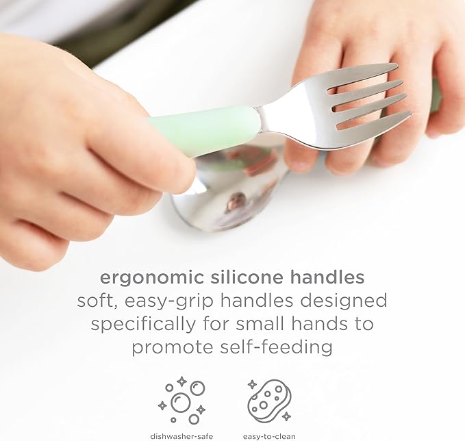 Ubbi Toddler Stainless Steel Fork & Spoon Set, 4-Pack – Silicone Easy-Grip Handles, Kids Self-Feeding Utensils, Baby-Led Weaning Essentials, Dishwasher Safe, Polaris Blue & Sugar Snap Green