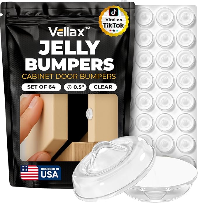 64 Clear Silicone Bumper Pads – Self-Adhesive Sound Dampening Stops with Jelly Button Shape Design for Cabinet Doors, Drawers, Cupboards, Glass Surfaces, Picture Frames – Vellax