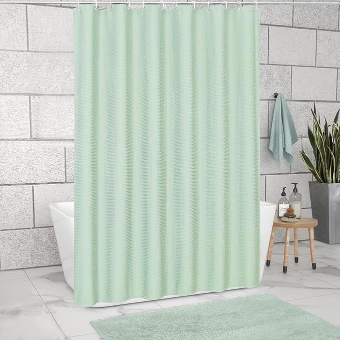 MitoVilla Extra Long Shower Curtain 72 x 84, Green 84 inch XL Waffle Fabric Shower Curtains for Modern Luxury Bathroom Decor, Waffle Weave Textured Weighted Shower Curtain 84 inch, Mint Green