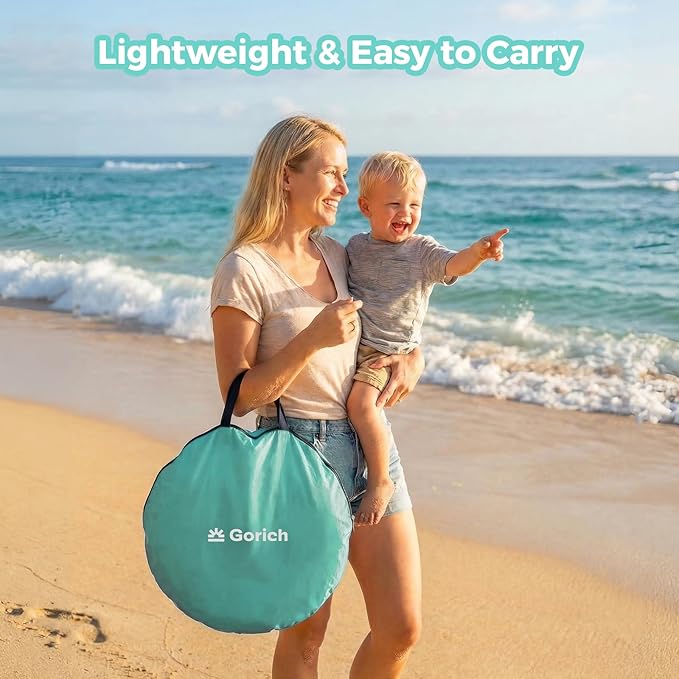 Gorich Pop Up Baby Beach Tent with UPF50+ UV Protection, Portable Toddler Sun Shelter with Mesh Ventilation, Lightweight & Foldable Play Shade Tent for Beach, Park & Backyard