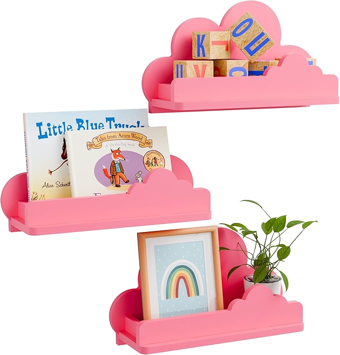 Beskadi Cloud Shelves for Kid’s Room Nursery Wall Deor Set of 3, Pink Cloud Bookshelf, Small Figure Shelf Wall Mounted, Cute Decorative Solid Wood Floating Shelves for Toys, Plants & Storage