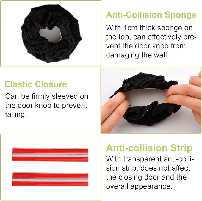 Door Handle Covers, 2Pcs Black Decorative Round Door Knob Covers Soft Door Handle Glove Anti-Static Safety Door Knob Protector with Clear Anti-Collision Adhesive Strip
