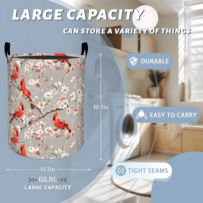 Red Cardinals and White Floral Laundry Basket with Handles, 19.7"x15.7" Clothes Foldable Laundry Hamper Organizer for Dorm Nursery Bedroom Bathroom Decor, Toy Storage Bin for Kids
