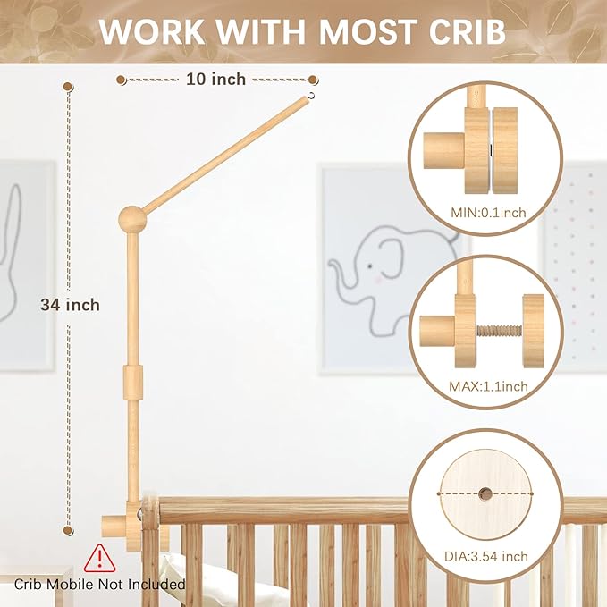 FEISIKE Baby Crib Mobile Arm, Mobile Arm for Crib Baby Mobile Hanger for Crib Nursery Decor Girls Boys Baby Crib Mobile Holder Arm Hanging Wooden Decoration Attachment Newborn 34 inch