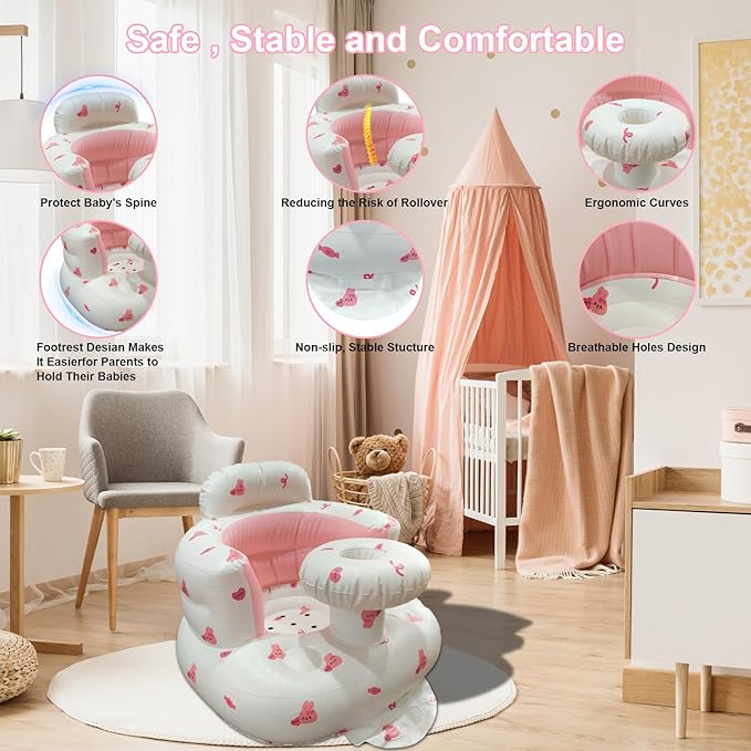 Inflatable Baby Seat for Babies 3-36 Months, Baby Chair with Fence & Built in Air Pump, Blow Up Floor Baby Seat with Back Support, Inflatable Baby Chair Sit Me Up for Home Pink Rabbit-Tray