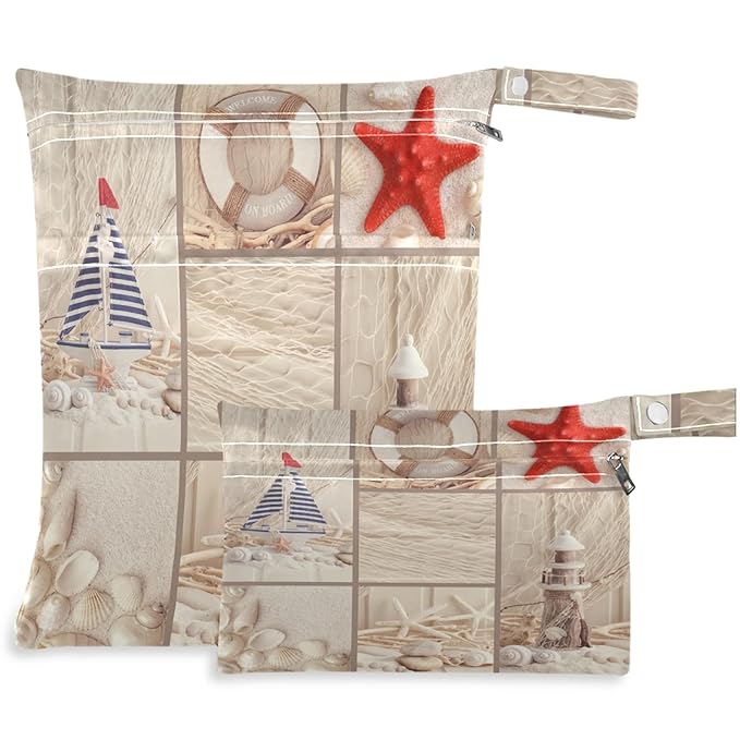 visesunny Sea Starfish Shell Wooden Pattern 2Pcs Wet Bag with Zippered Pockets Washable Reusable Roomy for Travel,Beach,Pool,Daycare,Stroller,Diapers,Dirty Gym Clothes, Wet Swimsuits, Toiletries