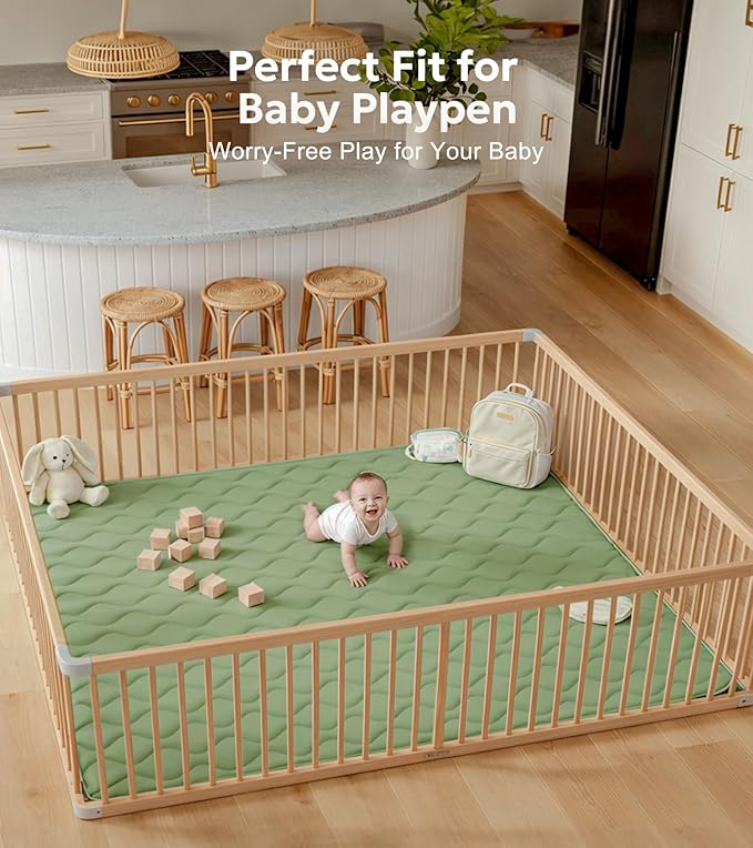Mallify Soft Thicker Baby Mat for Floor 71"x59", Extra Large Baby Play Mat, Non-Slip Playpen Mat, Easy to Clean & Portable Playmat, Crawling Mat for Babies Toddlers, Activity Mat, Green