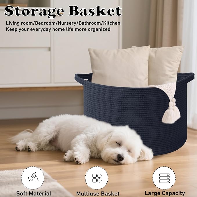 Large Storage Basket with Handle,23.6" x 23.6" x 15.7" Blanket Basket Storage Bins for Organizing,115L Cotton Rope Woven Baskets for Living Room, Nursery,Bedroom,Dark Blue