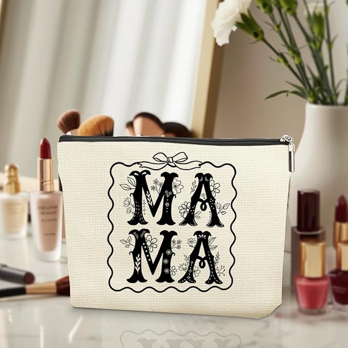 Decohim Mama Makeup Bag，Mothers Day Christmas Retirement Appreciation Birthday Gifts for Mom Mama Mommy Cosmetic Bags, Coquette Bow Wildflowers Zipper Pouch Travel Toiletry Bag Accessories Organizer