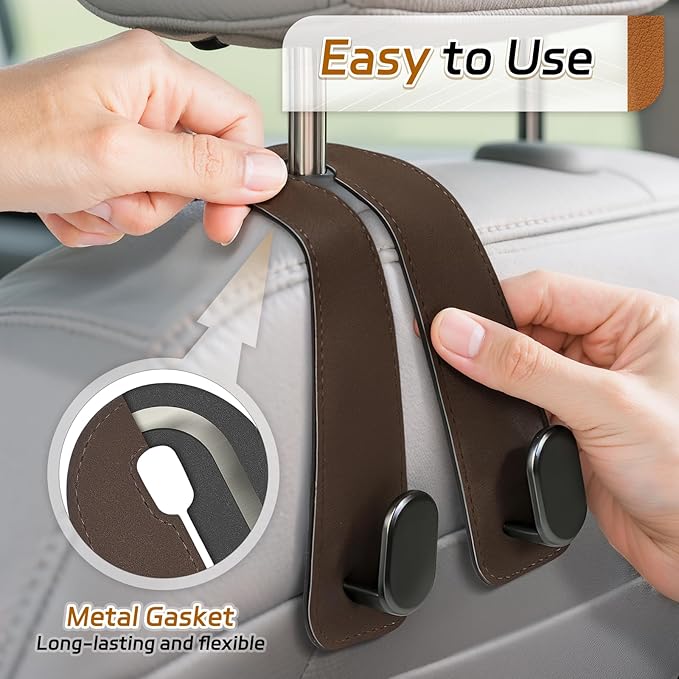 Car Seat Headrest Hooks - 2 Pack Universal Car Purse Hook, Leather Car Bag Purse Holder with Double Metal Hooks for Handbags, Grocery Bags, Bottles, Phones