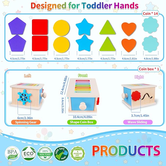 FCSONU Toddlers Montessori Coin Box Toys for 1 2 3 Year Old Boys Girls, Wooden Baby Toys for Toddlers 1-3, Color Sorting Stacking Sensory Toys for Ages 2-3, Easter Birthday for Kids