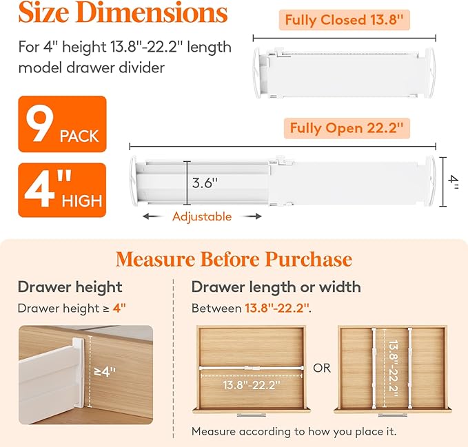Lifewit 4" High 9 Pack Drawer Dividers, 35 –55cm/13.8-22.5" Drawer Divider for Clothes, Adjustable Dresser Drawer Organizers, Plastic Drawers Separators for Clothes, Bedroom, Bathroom, Kitchen, Office