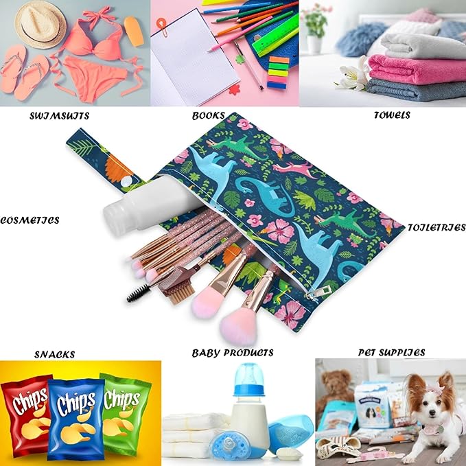 visesunny Dinosaur Tropical Leaf Flower 2Pcs Wet Bag with Zippered Pockets Reusable Roomy Diaper Bag for Travel,Beach,Pool,Daycare,Stroller,Diapers,Dirty Gym Clothes, Wet Swimsuits, Toiletries