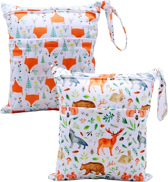 Asenappy 2pcs Cloth Diaper Wet Dry Bags Waterproof Reusable with Two Zippered Pockets Travel Beach Pool Daycare Soiled Baby Items Yoga Gym Bag for Swimsuits or Wet Clothes (3036-2-fox)