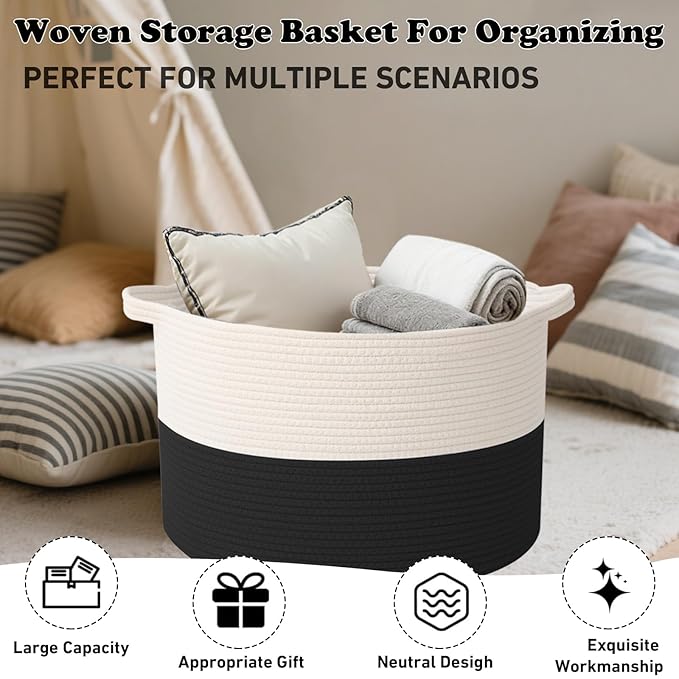 Large Storage Basket with Handle,23.6" x 23.6" x 15.7" Blanket Basket Storage Bins for Organizing,115L Cotton Rope Woven Baskets for Living Room, Nursery,Bedroom,White&Black