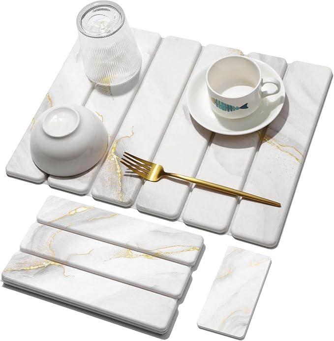 Small Stone Dish Drying Mat for Kitchen Counter, 2 PCS 16"×12" & 8"x4" Quick Dry Stone Mats, Foldable Water Absorbing Diatomaceous Earth Drying Dish Pad for Countertop Bottles Utensils Cup(Gold White)