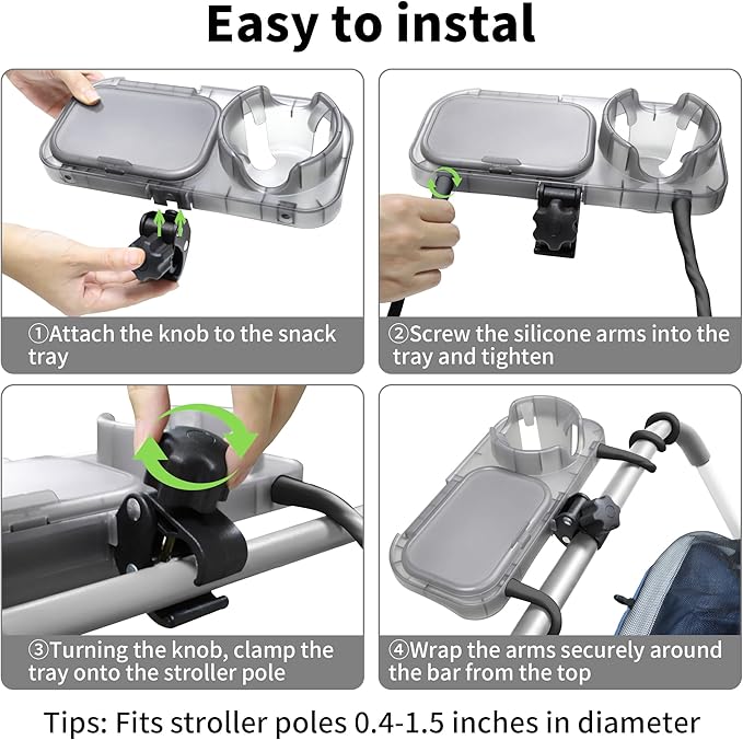 Universal Stroller Snack Tray, 3-in-1 Cup Holder Tray with Clamp & Silicone Arms Grip & Detachable Silicone Tray, Stroller Tray Attachment for Toddler & Kids, Snacking On The Go