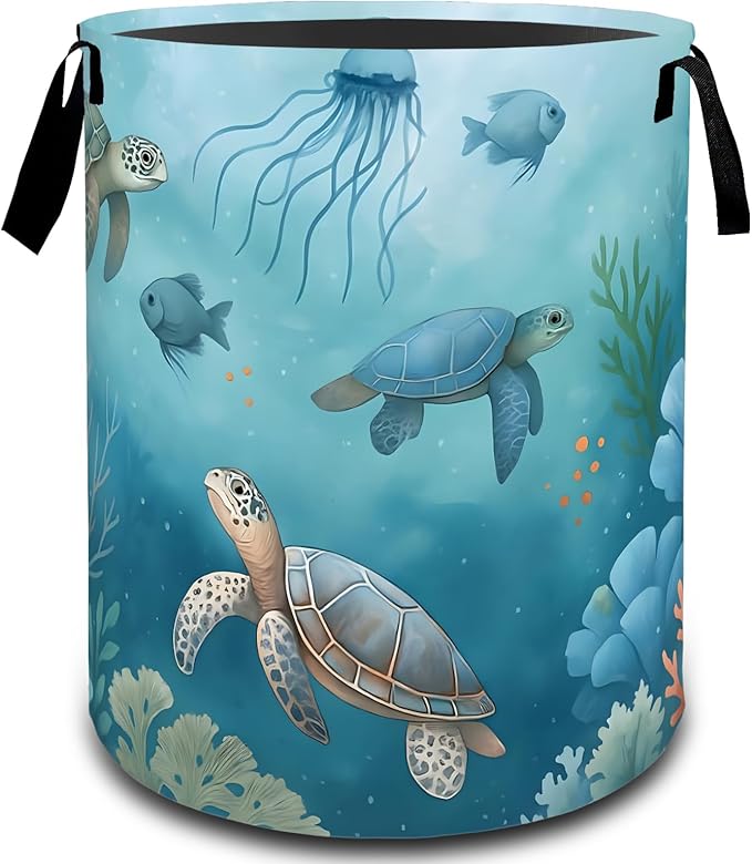 VODRM Sea Turtle Ocean Animal Coral Laundry Basket, Dirty Collapsible Clothes Toy Organizer Hamper for Kids Adults, Oxford Cloth Waterproof Storage Bin for Bathroom Coastal Decor Gifts, 19.7"X15.7"
