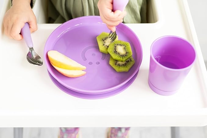 Ubbi Toddler Utensils Set, 2 Pack – Stainless Steel Fork & Spoon with Easy-Grip Silicone Handles, Kids Silverware for Self-Feeding & Baby-Led Weaning, BPA-Free Dishwasher Safe, Smoothie Purple